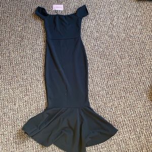 Black Bardot fishtail hem midi dress